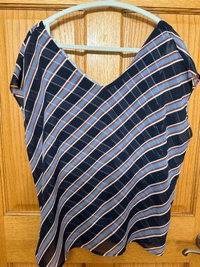 Ann Taylor Factory Navy Blouse with Light Blue and Rust Stripes